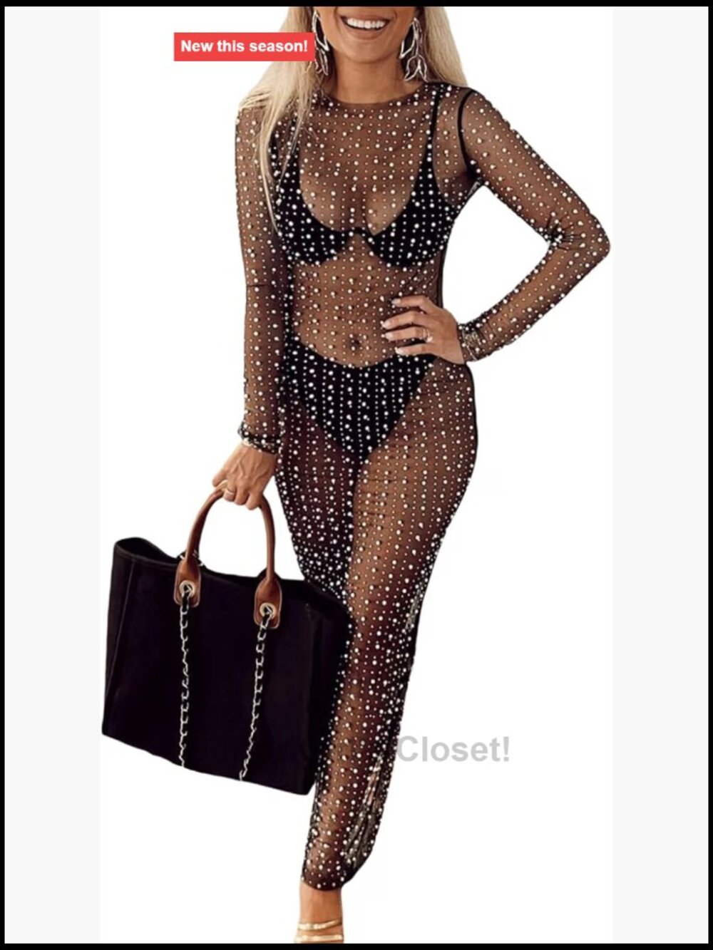 Women's Rhinestone Mesh Pearl Midi Dress Sheer See Through Side Slit Cover Up